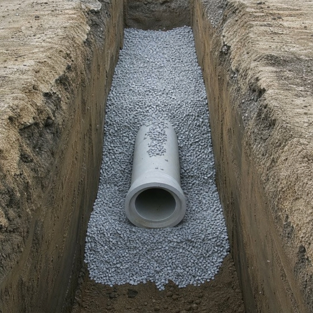 underground drainage trench with pipe bedding